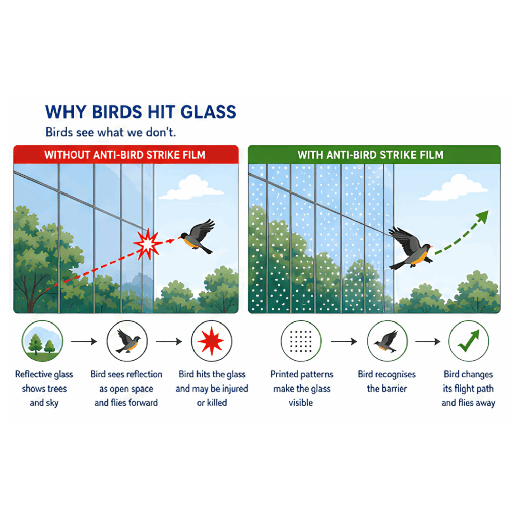 Infographic - buildings with and without anti bird strike film